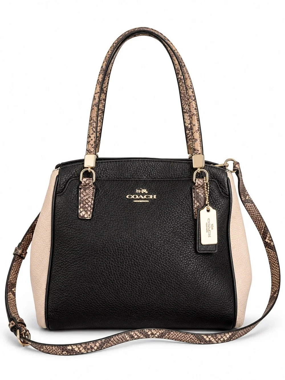 Coach Prairie Satchel Black Ivory Pebbled Leather Snake Print Crossbody Bag